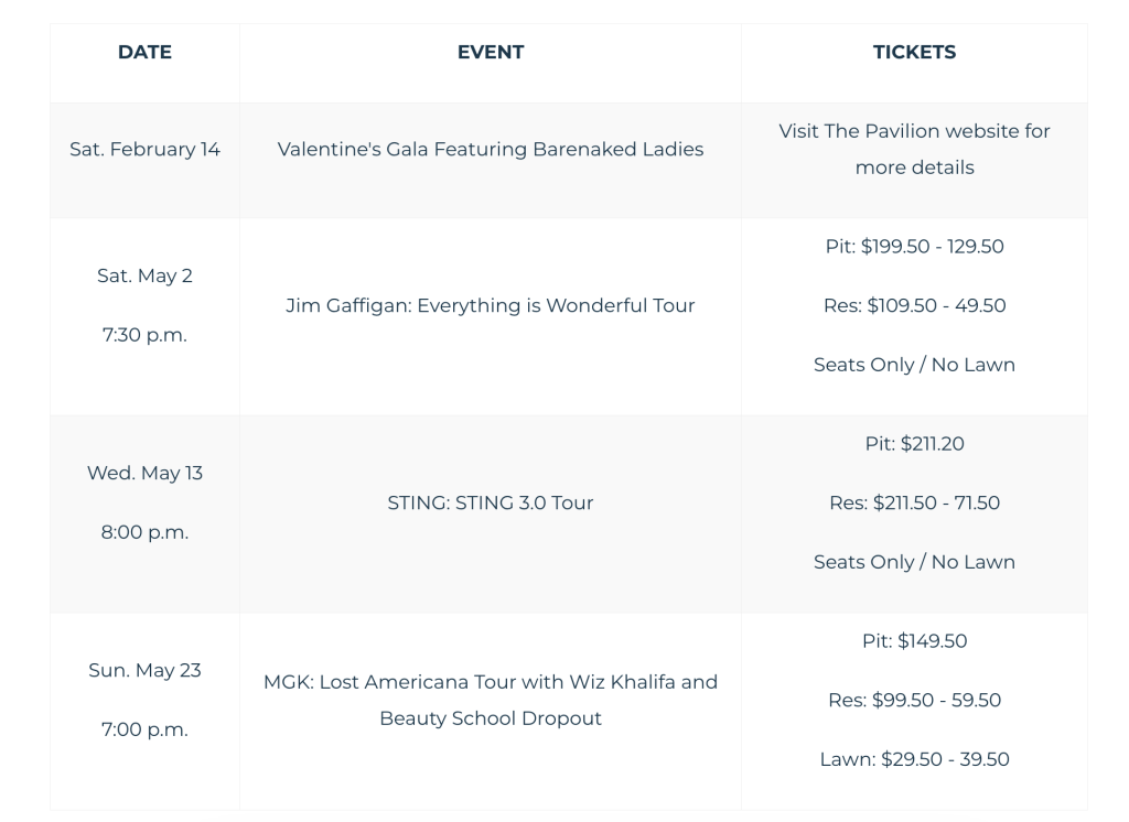 The Cynthia Woods Mitchell Pavilion 2026 Schedule of Events